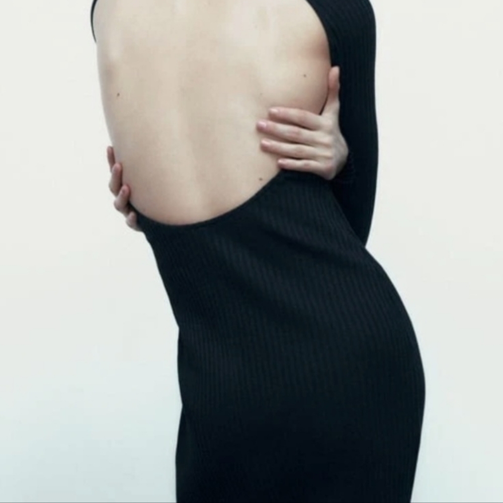Zara Black Ribbed Long-Sleeve Cutout-Back Dress -NWT - Picture 2 of 6